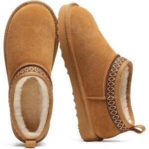 Women's Suede Mini Boots Fuzzy Snow Boots Short Ankle Boot Fur Lined Chestnut